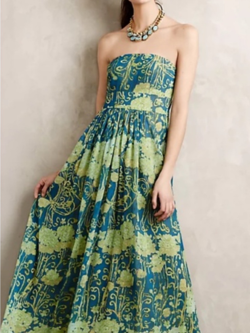 Anthropologie James Coviello Strapless Teal & Lime watercolor Maxi Dress 6
